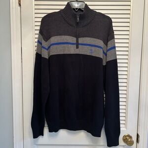 US Polo Assn. Quarter Zip Sweater Gray Blue Striped Knit‎ Pullover Mens Large